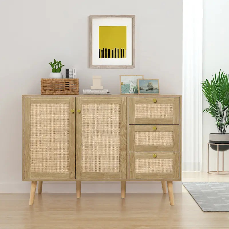 Modernes Sideboard aus Holz und Rattan im Mid-Century-Stil mit 2 Türen, Küchenschrank zur Aufbewahrung
