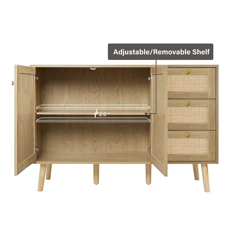 Modernes Sideboard aus Holz und Rattan im Mid-Century-Stil mit 2 Türen, Küchenschrank zur Aufbewahrung