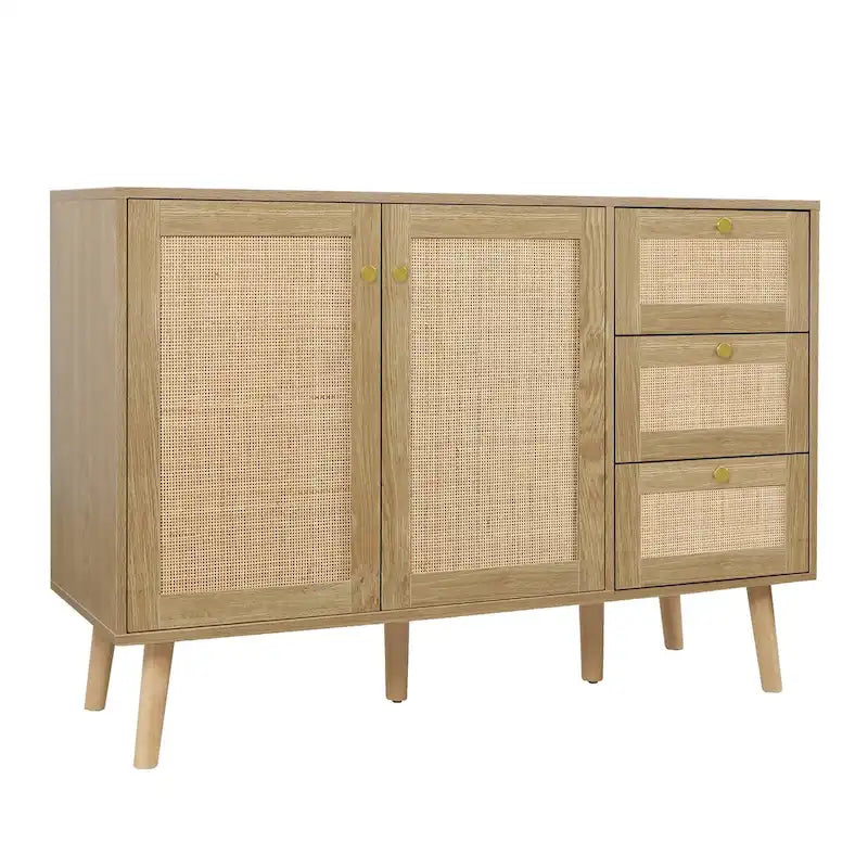 Modernes Sideboard aus Holz und Rattan im Mid-Century-Stil mit 2 Türen, Küchenschrank zur Aufbewahrung
