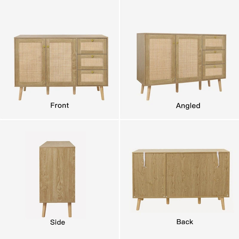 Modernes Sideboard aus Holz und Rattan im Mid-Century-Stil mit 2 Türen, Küchenschrank zur Aufbewahrung