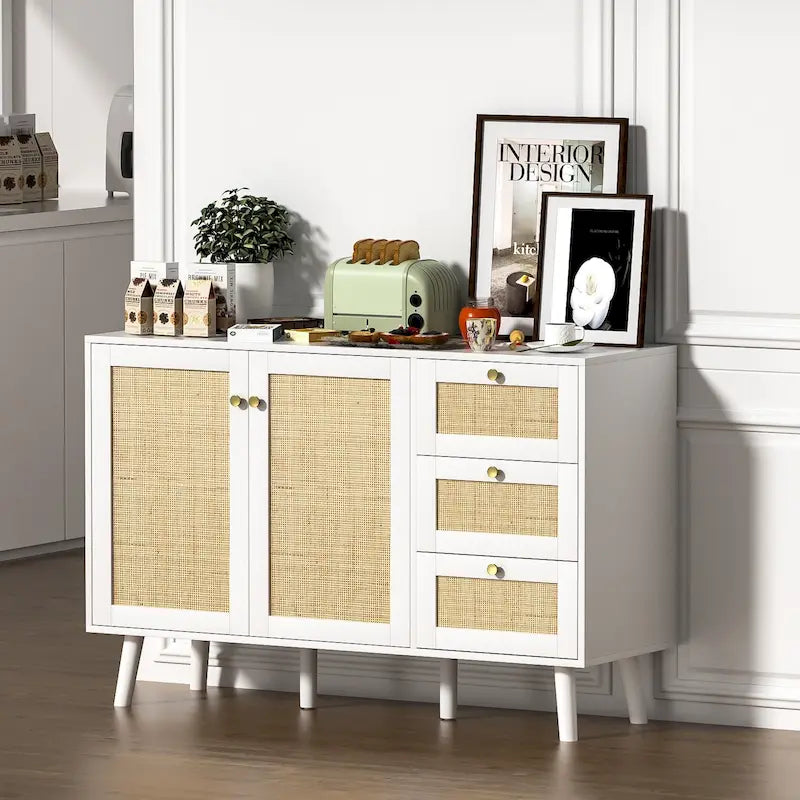 Modernes Sideboard aus Holz und Rattan im Mid-Century-Stil mit 2 Türen, Küchenschrank zur Aufbewahrung