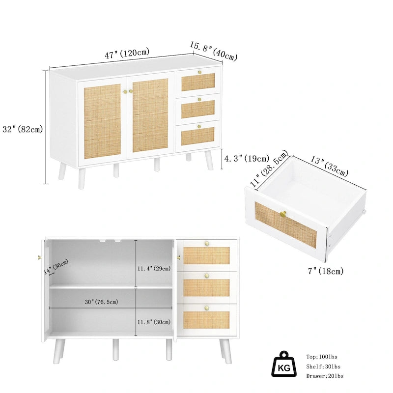 Modernes Sideboard aus Holz und Rattan im Mid-Century-Stil mit 2 Türen, Küchenschrank zur Aufbewahrung