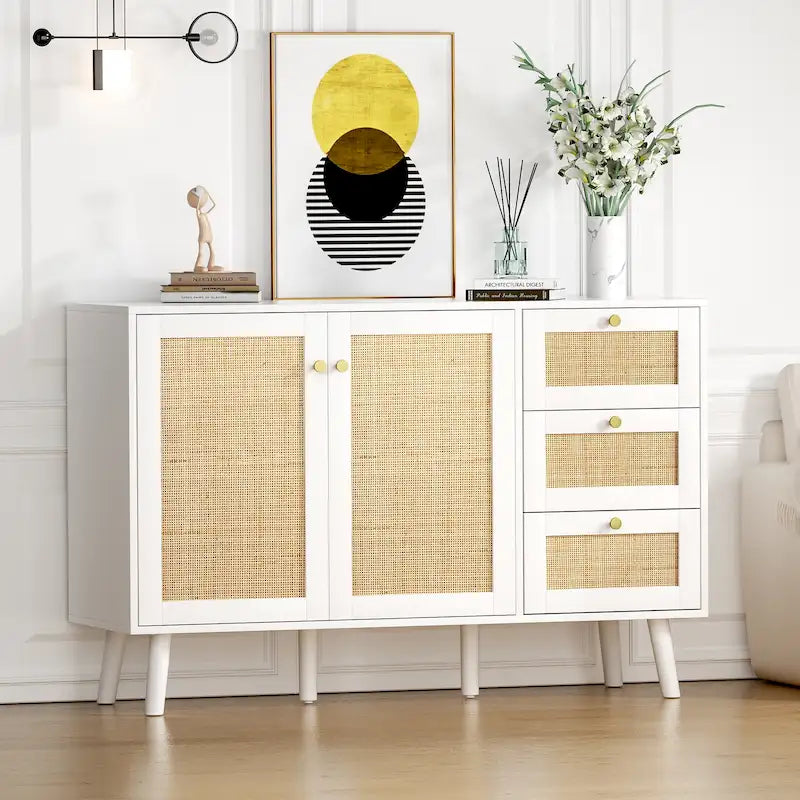 Modernes Sideboard aus Holz und Rattan im Mid-Century-Stil mit 2 Türen, Küchenschrank zur Aufbewahrung
