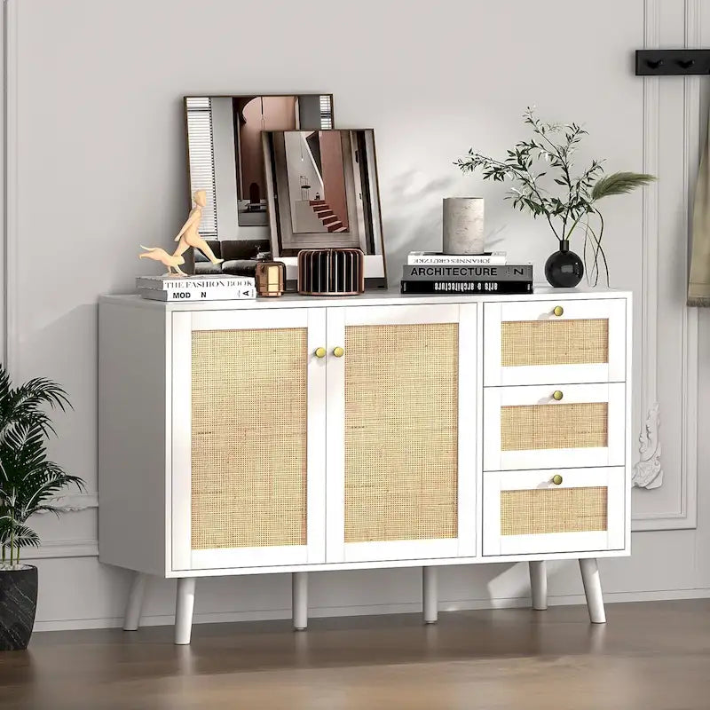Modernes Sideboard aus Holz und Rattan im Mid-Century-Stil mit 2 Türen, Küchenschrank zur Aufbewahrung