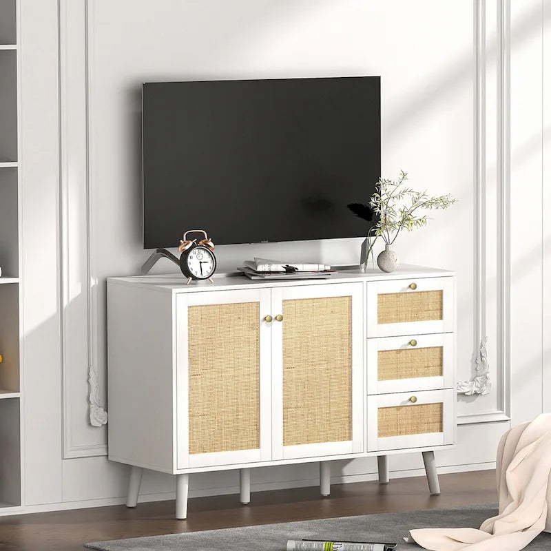 Modernes Sideboard aus Holz und Rattan im Mid-Century-Stil mit 2 Türen, Küchenschrank zur Aufbewahrung