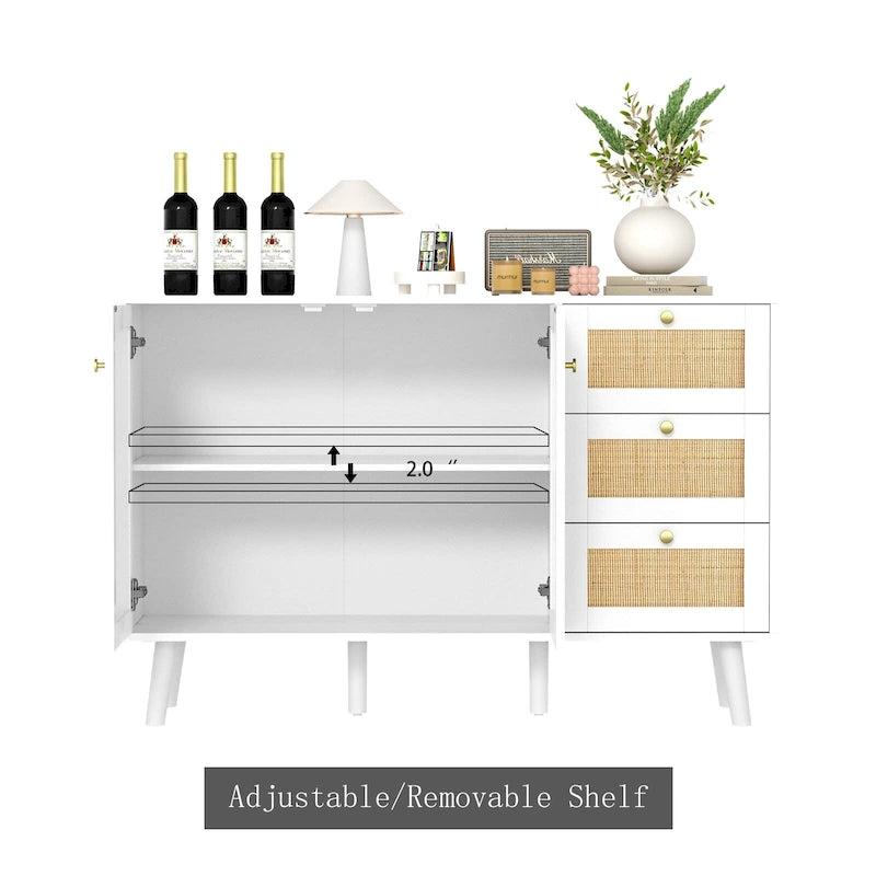 Modernes Sideboard aus Holz und Rattan im Mid-Century-Stil mit 2 Türen, Küchenschrank zur Aufbewahrung