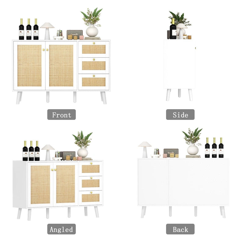 Modernes Sideboard aus Holz und Rattan im Mid-Century-Stil mit 2 Türen, Küchenschrank zur Aufbewahrung