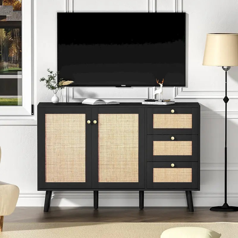 Modernes Sideboard aus Holz und Rattan im Mid-Century-Stil mit 2 Türen, Küchenschrank zur Aufbewahrung