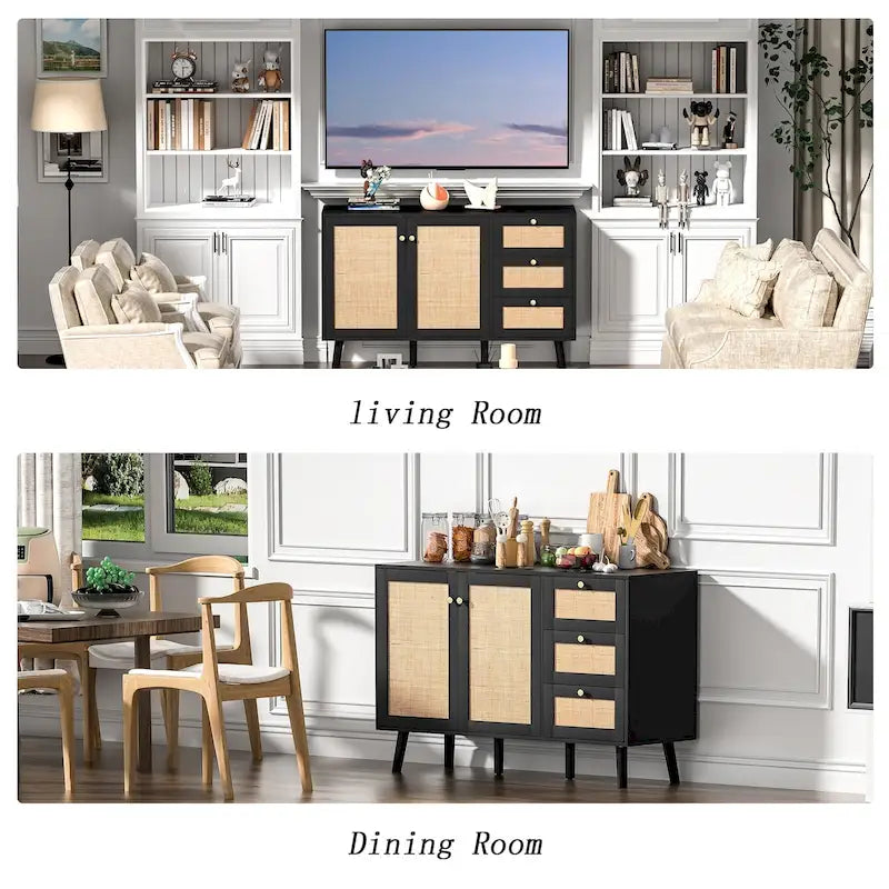 Modernes Sideboard aus Holz und Rattan im Mid-Century-Stil mit 2 Türen, Küchenschrank zur Aufbewahrung