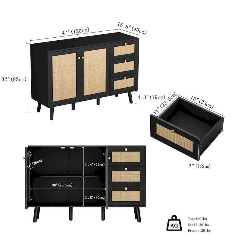 Modernes Sideboard aus Holz und Rattan im Mid-Century-Stil mit 2 Türen, Küchenschrank zur Aufbewahrung