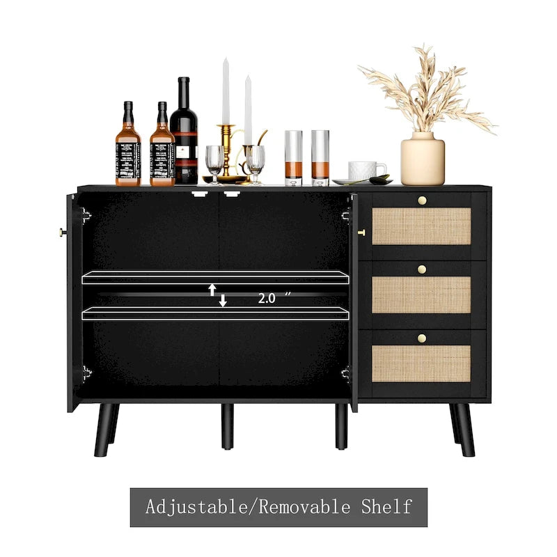 Modernes Sideboard aus Holz und Rattan im Mid-Century-Stil mit 2 Türen, Küchenschrank zur Aufbewahrung