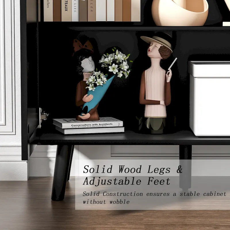 Modernes Sideboard aus Holz und Rattan im Mid-Century-Stil mit 2 Türen, Küchenschrank zur Aufbewahrung