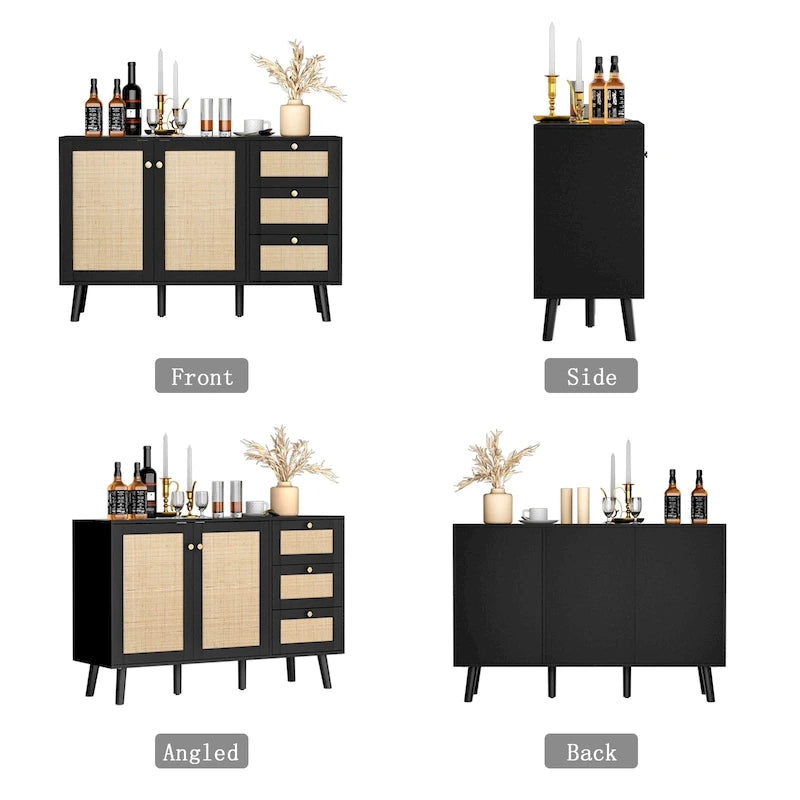 Modernes Sideboard aus Holz und Rattan im Mid-Century-Stil mit 2 Türen, Küchenschrank zur Aufbewahrung