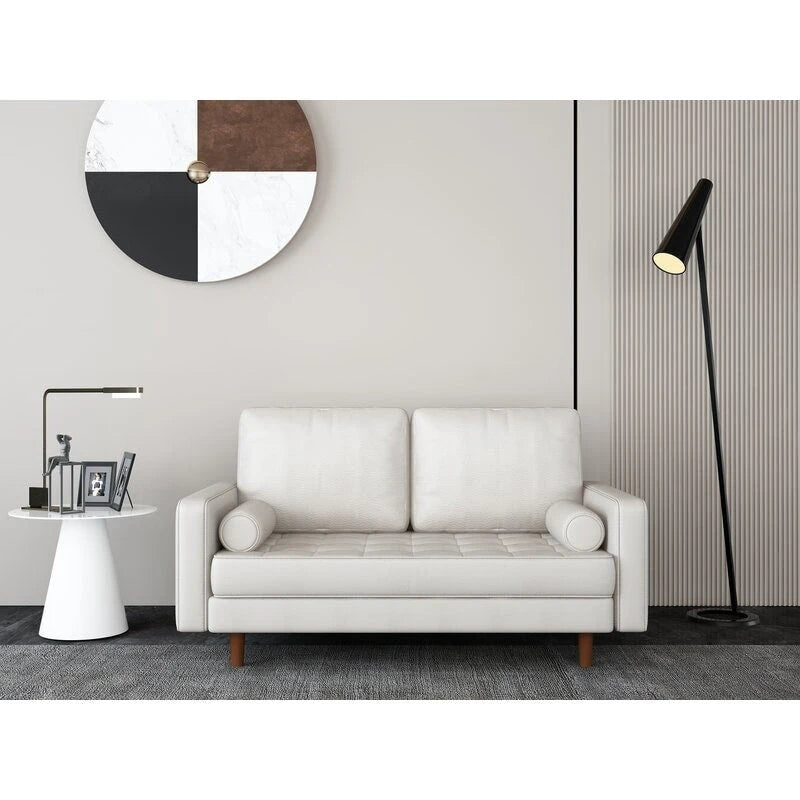 Divanetto in pelle con braccioli squadrati in stile Mid-Century, larghezza 59