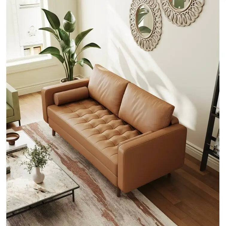 59 Zoll breiter Mid-Century-Zweisitzer aus Leder mit geraden Armlehnen