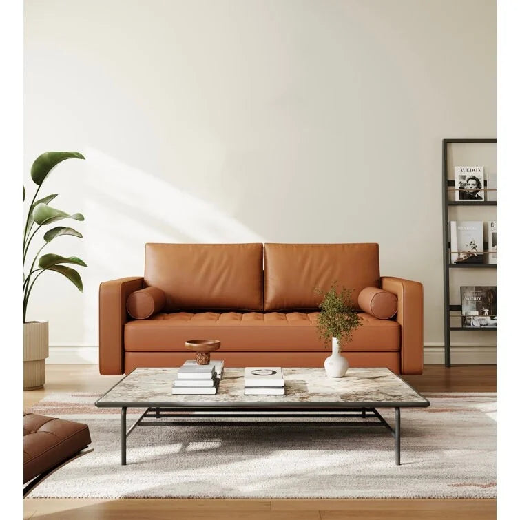 59 Zoll breiter Mid-Century-Zweisitzer aus Leder mit geraden Armlehnen