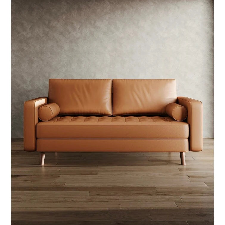 59 Zoll breiter Mid-Century-Zweisitzer aus Leder mit geraden Armlehnen