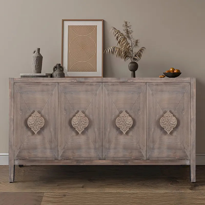 Credenza contenitore con anta a fiori intagliati in stile antico