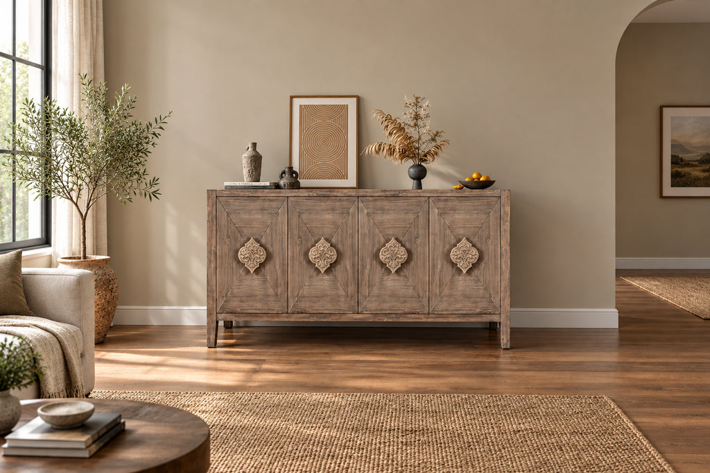 Antique Carved Flower Door Sideboard Storage Cabinet