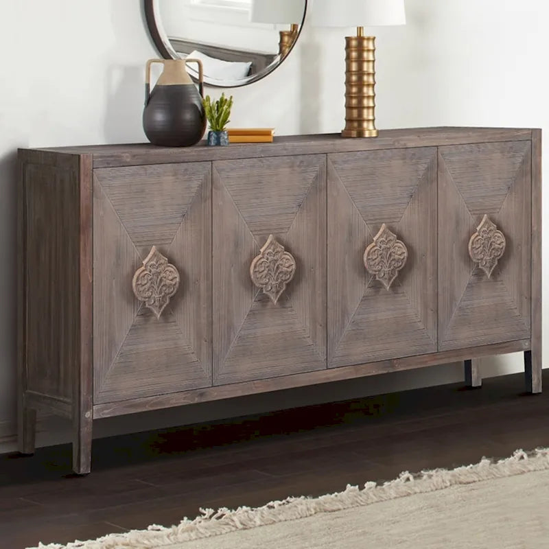 Credenza contenitore con anta a fiori intagliati in stile antico