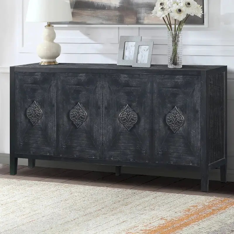 Credenza contenitore con anta a fiori intagliati in stile antico