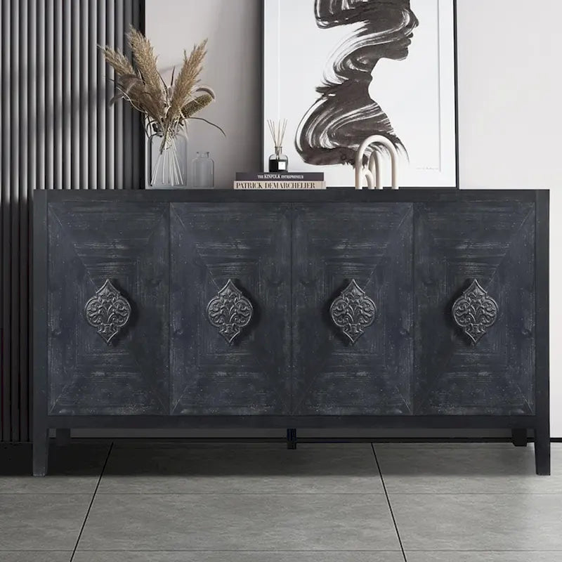 Credenza contenitore con anta a fiori intagliati in stile antico