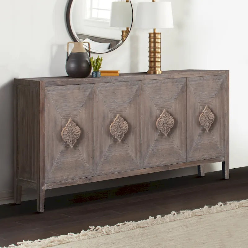 Credenza contenitore con anta a fiori intagliati in stile antico