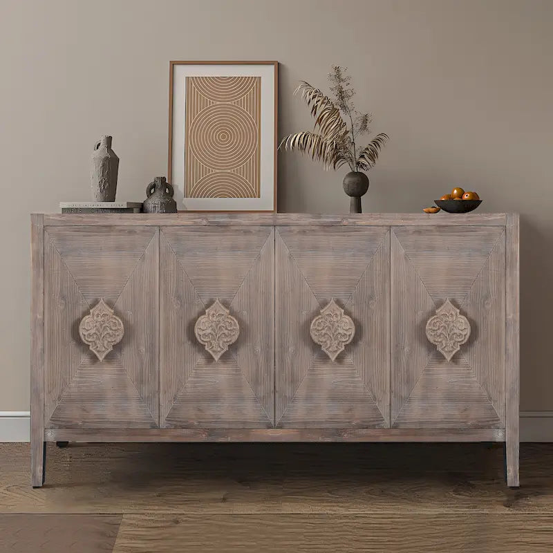 Credenza contenitore con anta a fiori intagliati in stile antico