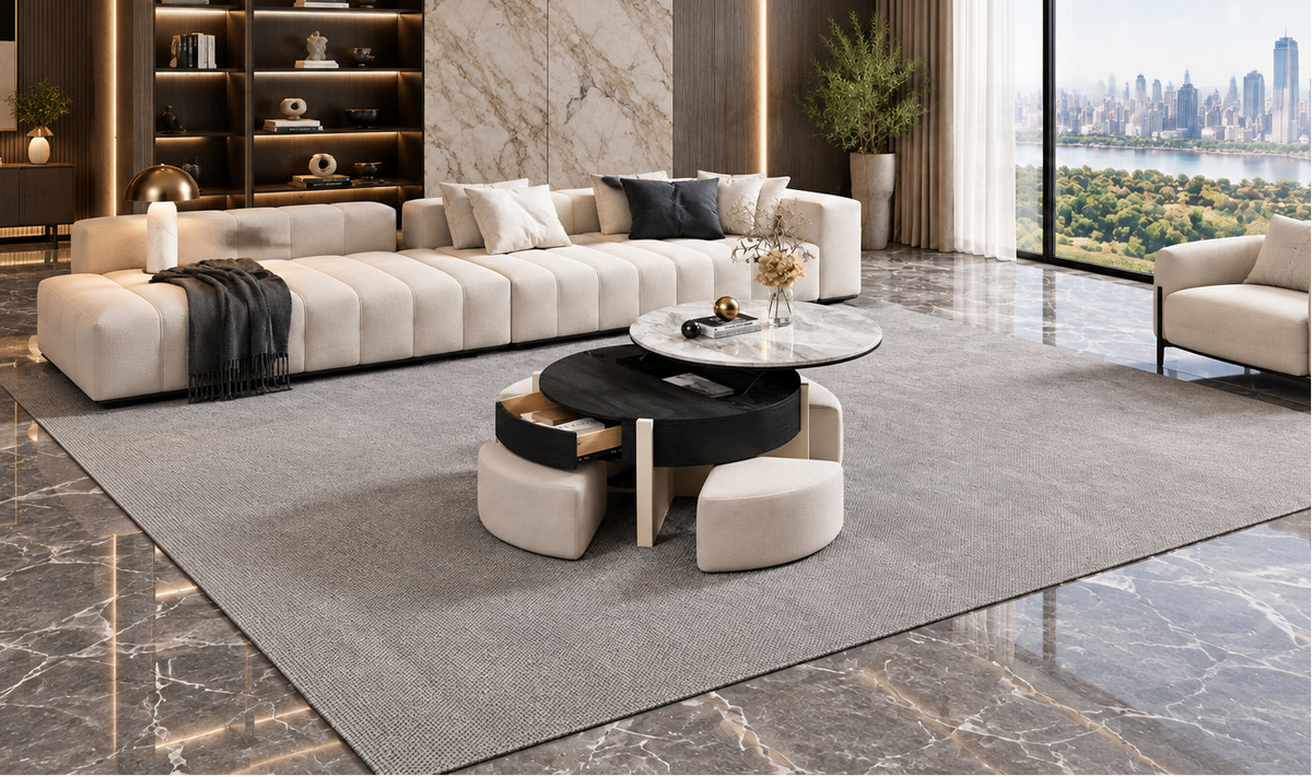 31.5 Modern Coffee Table, Lift Top Coffee Table with 3 Ottomans, Black - 31.5 X 31.5