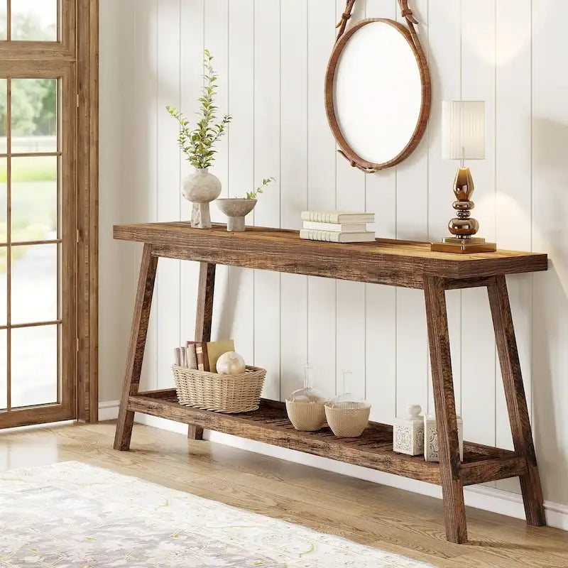 70.9 Zoll langer Farmhouse-Konsolentisch für den Eingangsbereich, 2 Ebenen, schmal und lang, hinter Sofa oder Couch
