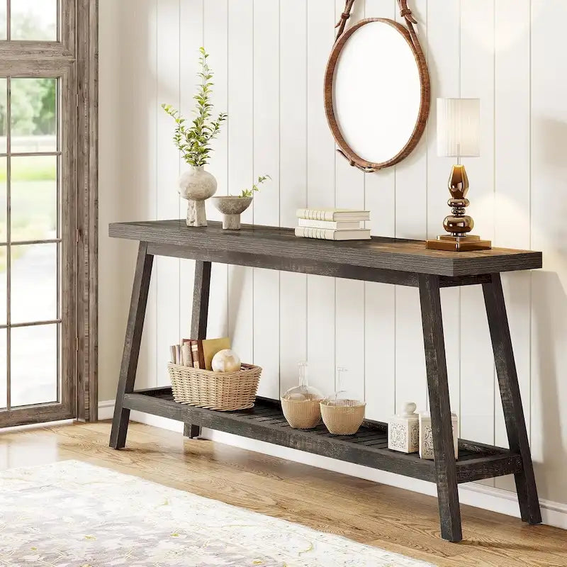 70.9 Zoll langer Farmhouse-Konsolentisch für den Eingangsbereich, 2 Ebenen, schmal und lang, hinter Sofa oder Couch