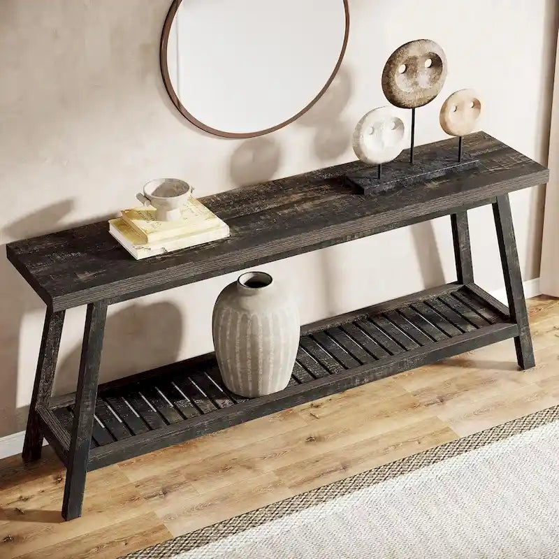 70.9 Zoll langer Farmhouse-Konsolentisch für den Eingangsbereich, 2 Ebenen, schmal und lang, hinter Sofa oder Couch