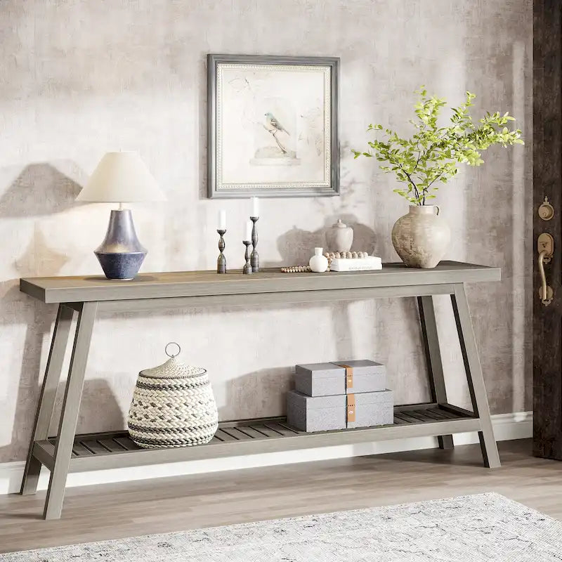 70.9 Zoll langer Farmhouse-Konsolentisch für den Eingangsbereich, 2 Ebenen, schmal und lang, hinter Sofa oder Couch